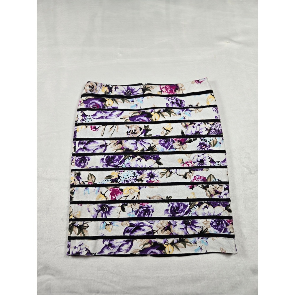 White House Black Market Floral Striped Pencil Skirt Purple Black White Size‎ 0